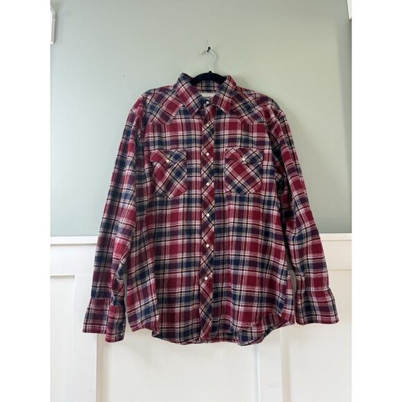Wrangler Pearl Snap Shirt Mens XL Red Plaid Long‎ Sleeve Flannel - Picture 1 of 12